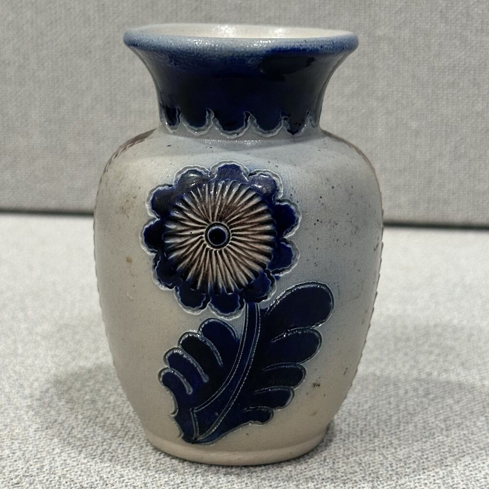 VTG German Cobalt Blue Salt Glaze Folk Cottagecore‎ Pottery Floral Vase Numbered